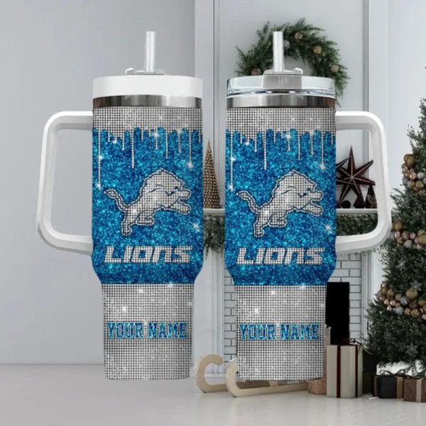 Detroit Lions Personalized NFL Glitter and Diamonds Bling 40oz Stanley Tumbler1