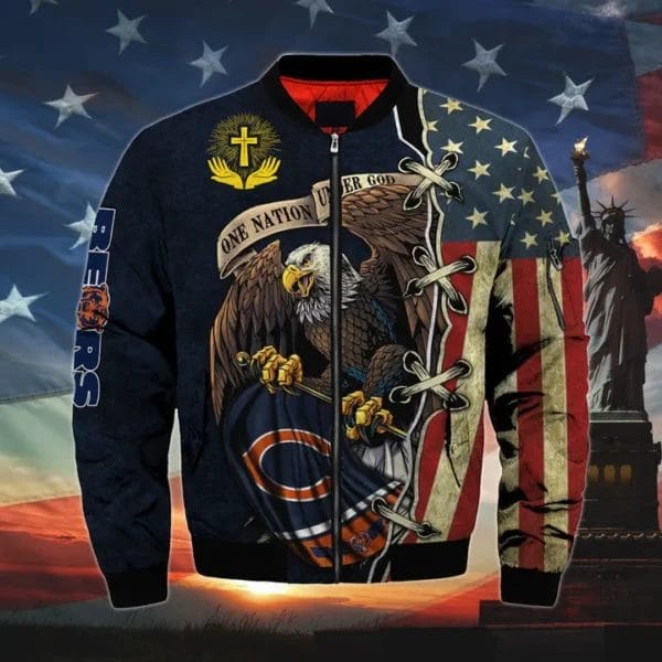 mens one nation under god chicago bears bomber jackets